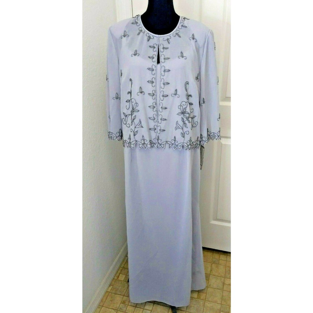 Cathy Roberts Beaded Evening Gown 2 Pc Silver Grey 18